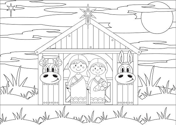 Colour In Mary and Joseph at Nativity Barn Colour In Mary and Joseph in Nativity Barn. spirituality smiling black and white line art stock illustrations