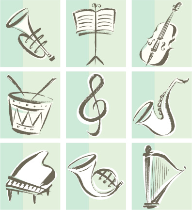 Hand-drawn style musical instrument icon set.