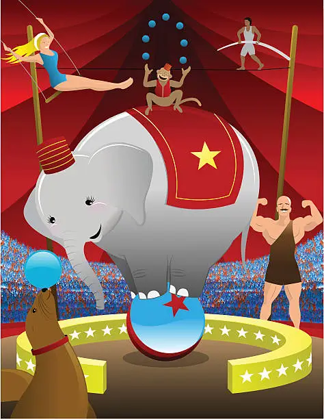 Vector illustration of Circus Scene with Elephant Balancing on Ball and Performers