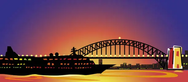 Vector illustration of Sydney Harbour Bridge at sunset