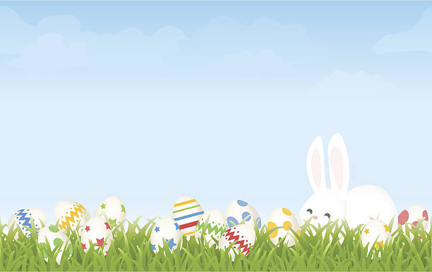 부활제 알류 hunt 아침입니다, 말풍선이 있는 토끼 및 에그스 배경기술 - decoration eggs leaf easter stock illustrations