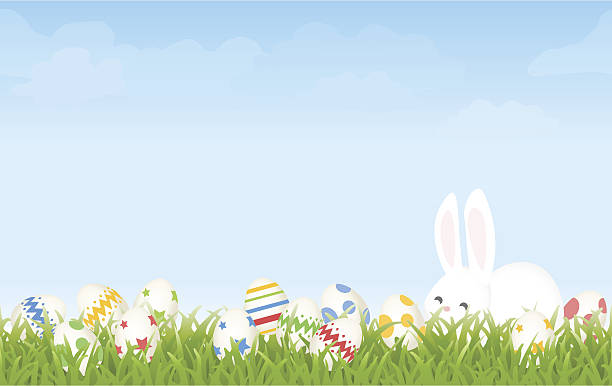 Easter Egg Hunt Morning with Cartoon Bunny and Eggs Background The grass and sky are horizontally seamless. focus on background illustrations stock illustrations