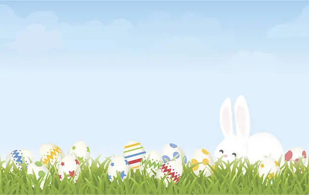 Vector illustration of Easter Egg Hunt Morning with Cartoon Bunny and Eggs Background