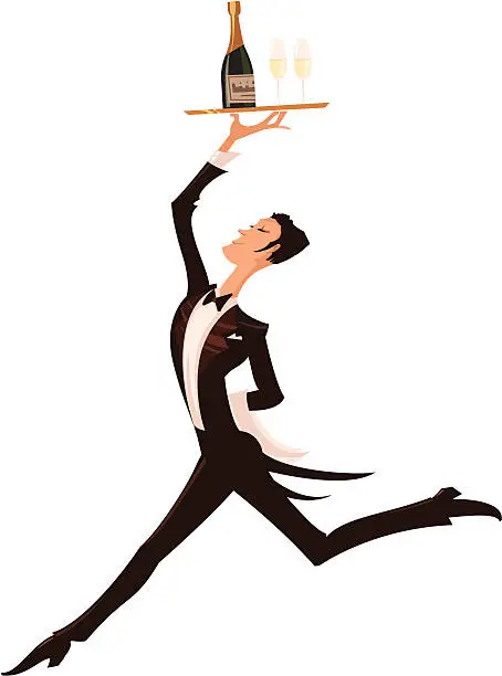Vector illustration of Illustration of a waiter with a tray of wine above his head