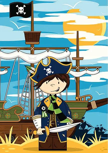 Vector illustration of Pirate & Ship Beach Scene