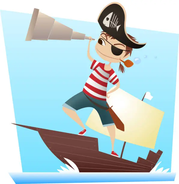 Vector illustration of Pirate kid with binoculars looking at the horizon