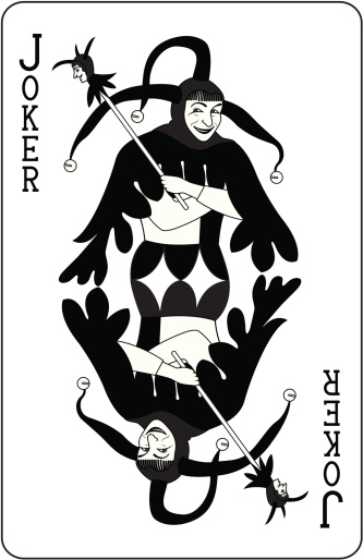A playing card with two black and white jokers.
