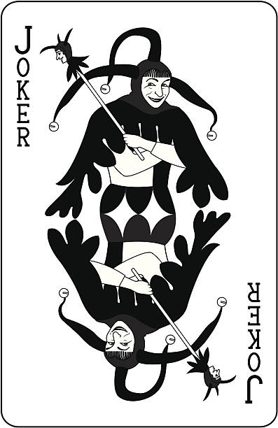 Joker Playing Card Black A playing card with two black and white jokers. court jester stock illustrations