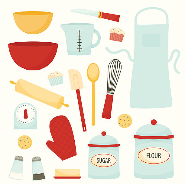 ilustraciones, imágenes clip art, dibujos animados e iconos de stock de hornear y equipo de cocina - mixing bowl