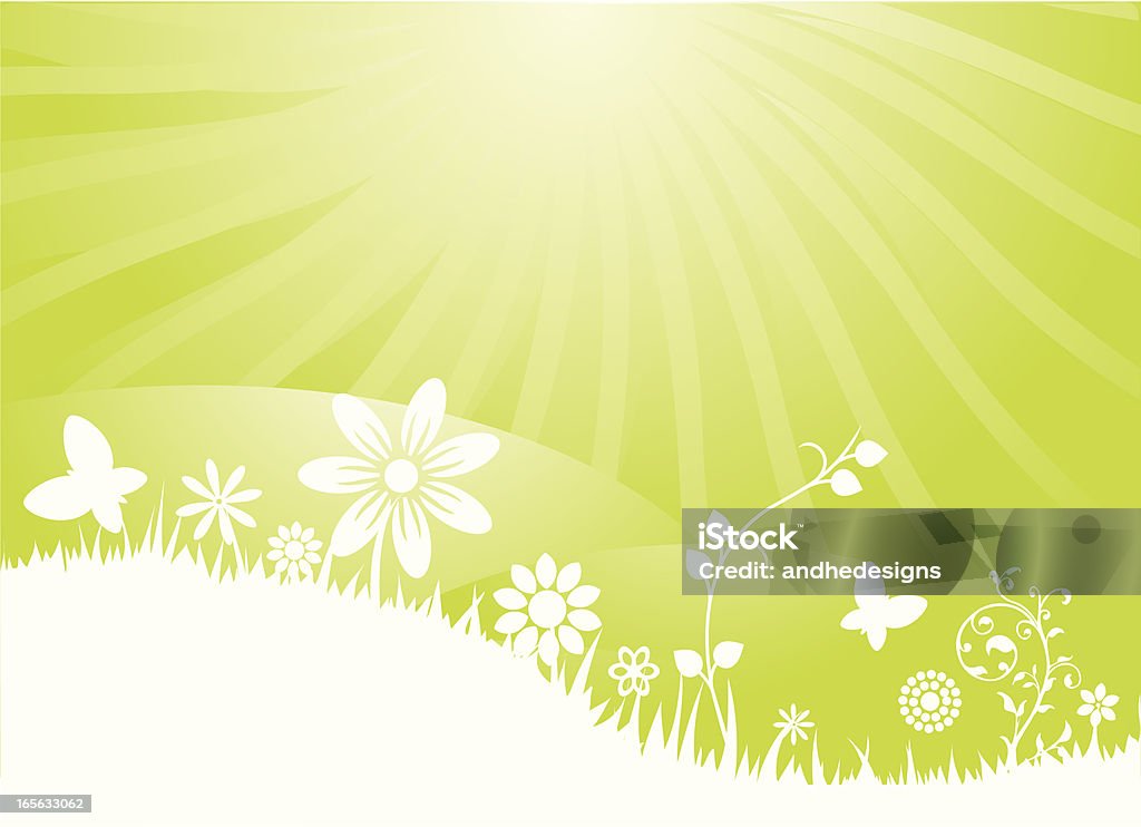 Летнее солнце с холмами, цветы и травы - Векторная графика Без людей роялти-фри