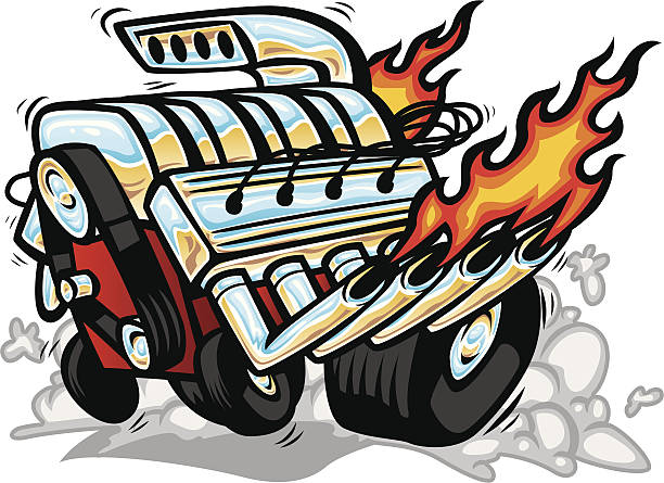 hot rod motor carton style hot rod motor, lots of chrome, lots of flame, lots of burning rubber drag racing stock illustrations