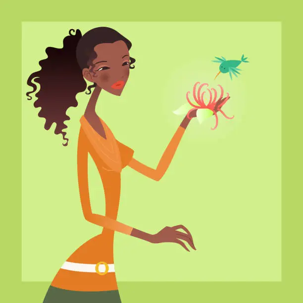 Vector illustration of Woman american with bird