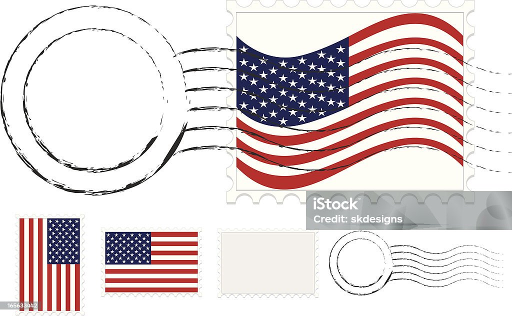 Stempel pocztowy, zestaw znaczków z amerykańskiej flagi i dodatkowe puste - Grafika wektorowa royalty-free (Znaczek pocztowy)