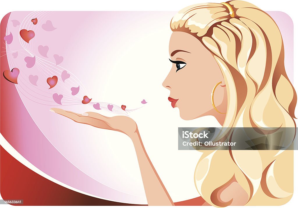 Bella ragazza baci-soffiatura capelli biondi - arte vettoriale royalty-free di Adulto