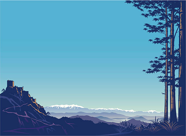 Mountains and castle. A medieval castle guards the road to the mountains. pirineos stock illustrations