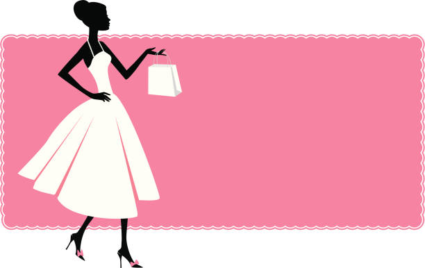 Woman and shopping bag A woman on a pink banner, holding a shopping bag. 60s style dresses stock illustrations