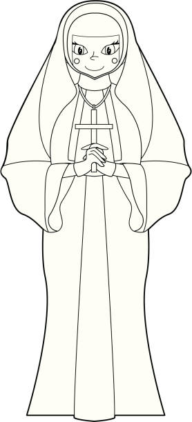 ilustrações de stock, clip art, desenhos animados e ícones de cor com freira com cruz - spirituality smiling black and white line art