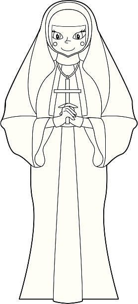 Colour In Nun with Cross Colour In Nun with Cross spirituality smiling black and white line art stock illustrations