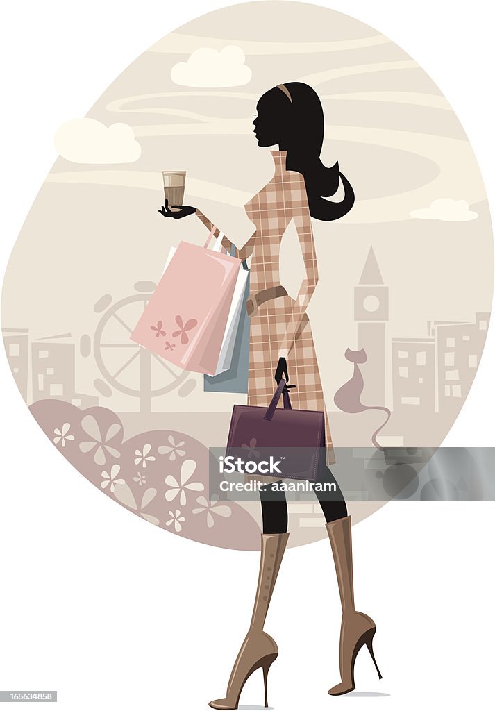 Shopping in London Illustration of a young woman shopping in London. Woman silhouette and background are grouped and layered separately. JPG file in a high resolution also available. Women stock vector