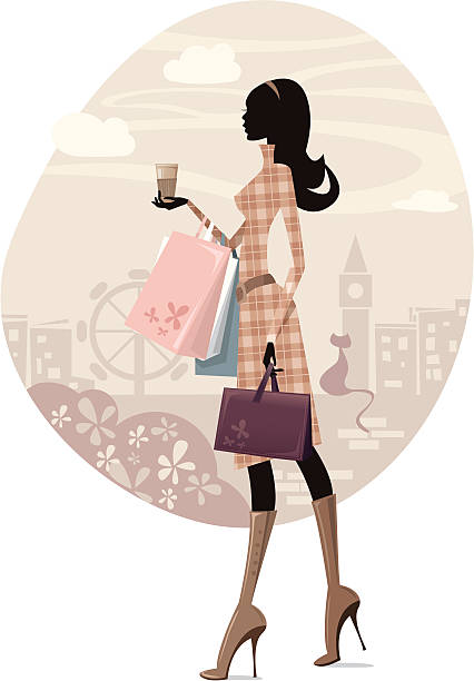 Shopping in London Illustration of a young woman shopping in London. Woman silhouette and background are grouped and layered separately. JPG file in a high resolution also available. london fashion stock illustrations