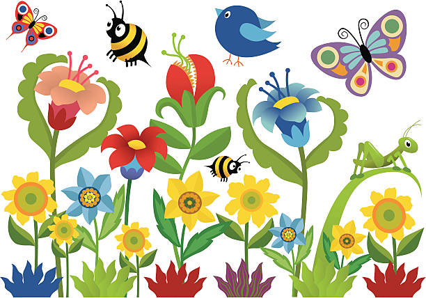 Garden Scene Stylised coloured flowers and foliage with butterflies, bees, bird, and grasshopper. Artwork on editable layers. Download includes an AI8 EPS vector file and a high resolution JPEG file (min. 1900 x 2800 pixels). butterfly insect stock illustrations