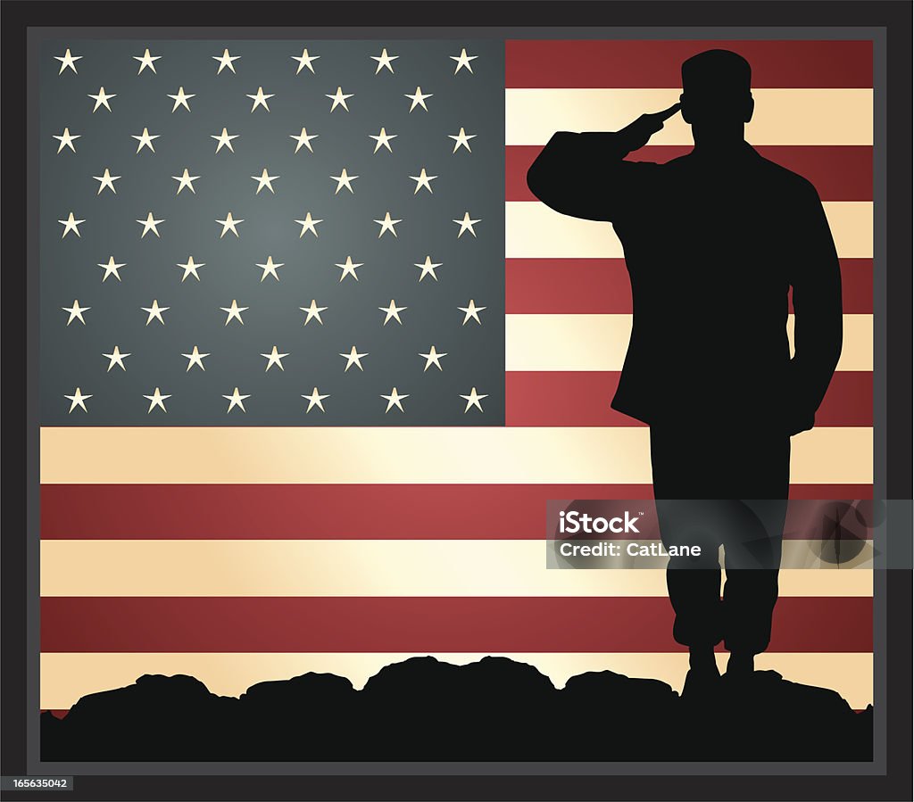 American Military Hero Military soldier saluting in front of a US flag Saluting stock vector