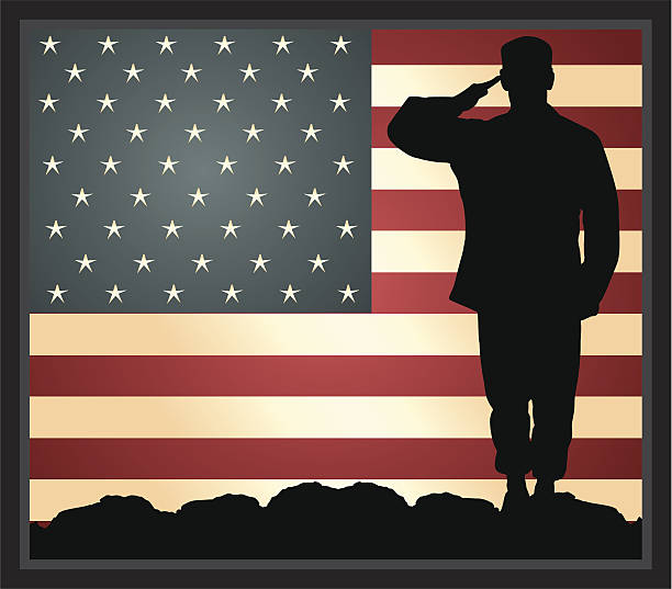 American Military Hero Military soldier saluting in front of a US flag national guard stock illustrations