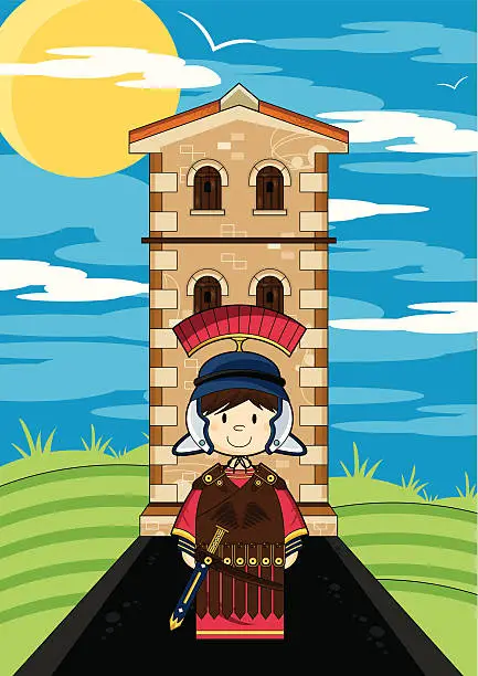 Vector illustration of Roman Soldier Guarding Fort Tower