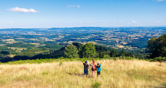 Family enjoying beautiful Morvan landscape panorama view- travel, trail,adventure