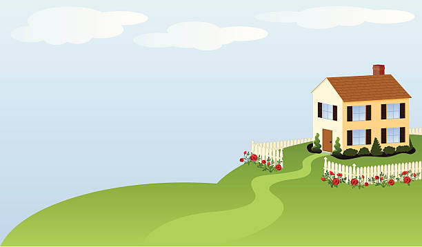 House with white picket fence vector art illustration