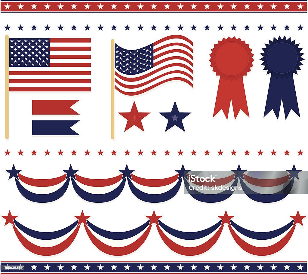 4 de Julho, Patriotismo Set: Bandeiras, emblemas, estrelas, fronteiras, Sashes - Royalty-free Bandeira dos Estados Unidos da América arte vetorial