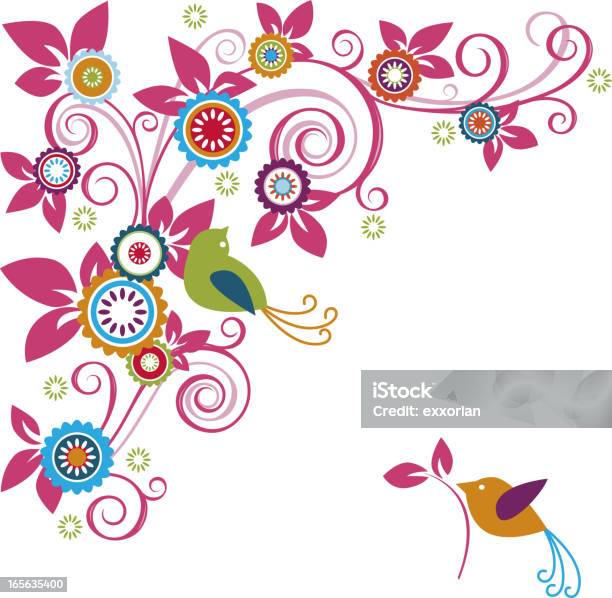 Couple Birds With Floral Corner Element Stock Illustration - Download Image Now - Abstract, Animal, Animal Nest