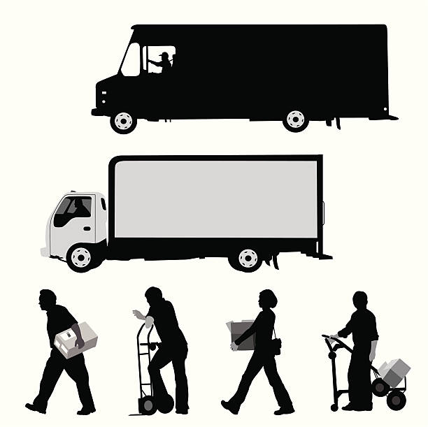 deliveryworkers - moving office relocation box hand truck stock illustrations