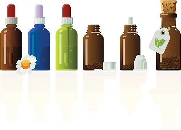 Vector illustration of Various Pharmacy Glass Bottles Of Homeopathic Medicine