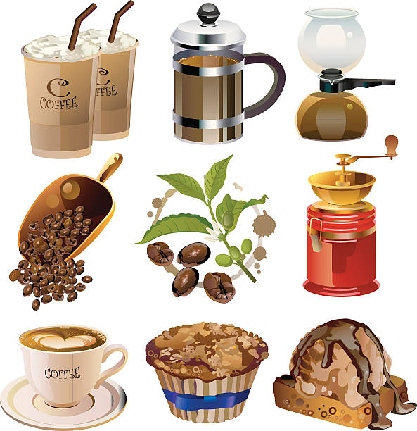 иллюстрация набор кофе - cupcake set food and drink metal stock illustrations