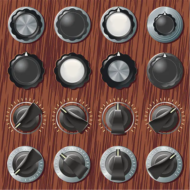 Vector illustration of Retro knobs and switches on wood