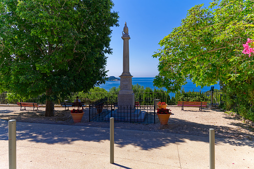 Viewpoint with World War I memorial at village of Giens on a sunny late spring day. Photo taken June 8th, 2023, Giens, France.