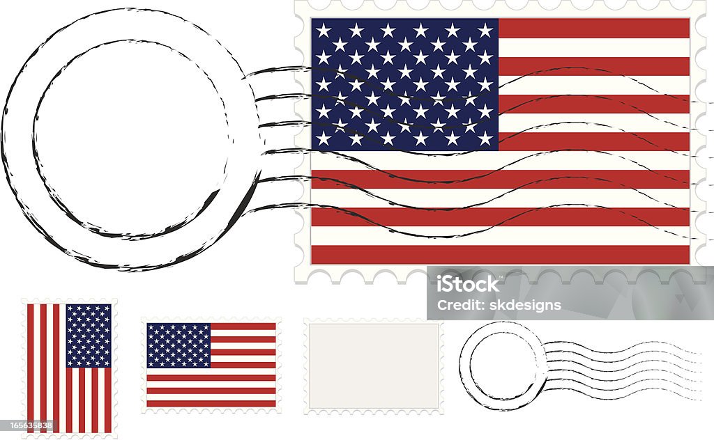 Poststempel, Briefmarken Set mit amerikanischen Flaggen und zusätzliche Bettdecken - Lizenzfrei Briefmarke Vektorgrafik