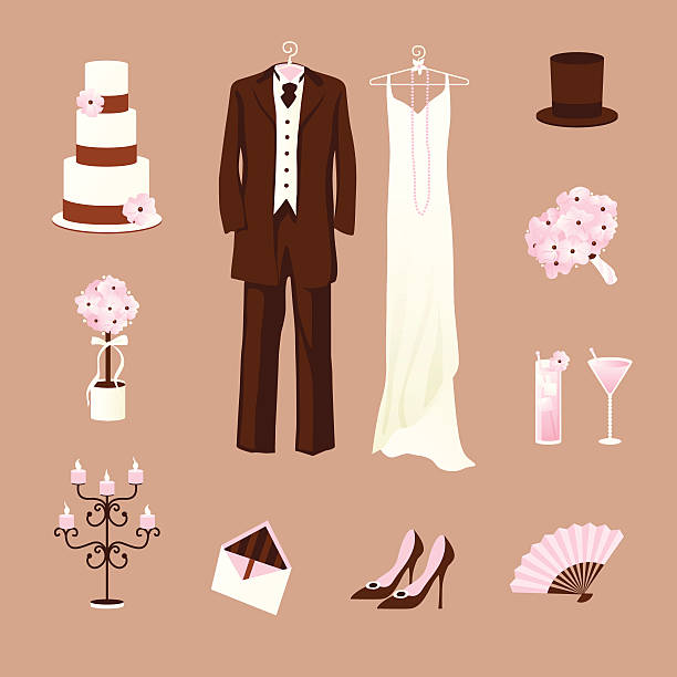 illustrazioni stock, clip art, cartoni animati e icone di tendenza di icone di matrimonio vintage rosa - wedding invitation invitation formalwear flower