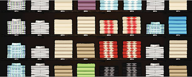 Horizontal Store Shelves with Clothes Horizontal store shelf racks with clothing. clothes shelf stock illustrations
