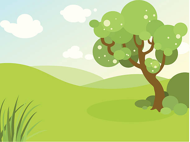 Spring Landscape A fresh green scenery with a blooming tree. rolling landscape stock illustrations