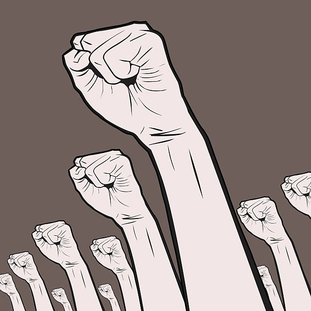 Gesturing(Hand Sign): Clenched fists held high in protest Vector illustration of Clenched fists held high in protest.  chanting stock illustrations