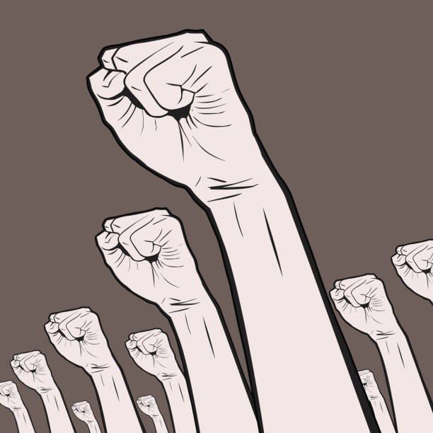 Gesturing(Hand Sign): Clenched fists held high in protest Vector illustration of Clenched fists held high in protest. abhor stock illustrations