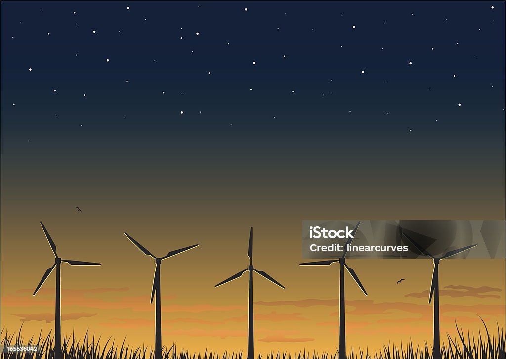 Turbinas de viento en sunset - arte vectorial de Suministro de energía libre de derechos