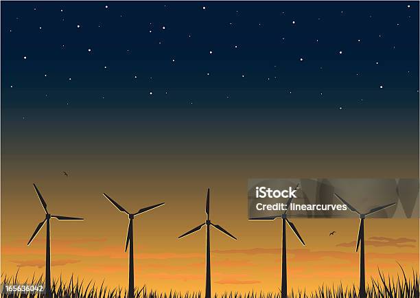 Turbinas Eólicas Ao Pôr Do Sol - Arte vetorial de stock e mais imagens de Fornecimento de Energia - Fornecimento de Energia, Anoitecer, Azul