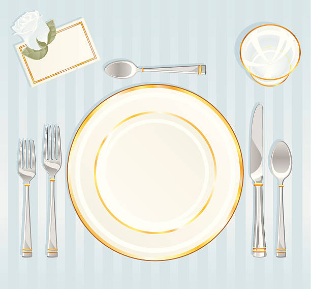 ilustrações, clipart, desenhos animados e ícones de ambiente formal configuração - fork place setting silverware plate