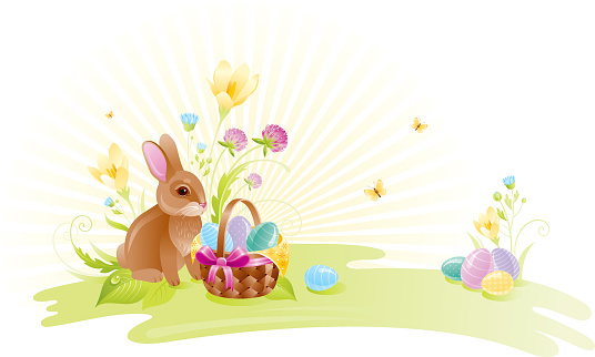 Easter banner with bunny and eggs. CDR-11, AI 10, JPG are available in ZIP.