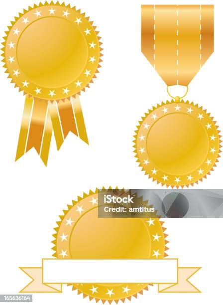 Vetores de Prêmios Com Fitas e mais imagens de Dourado - Descrição de Cor - Dourado - Descrição de Cor, Elemento de desenho, Formato de Estrela