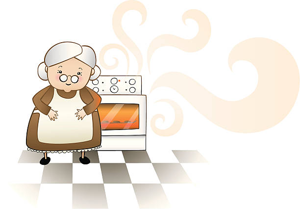 Grandmothers homebaked goodness A sweet little old lady stands before an oven, baking delicious smelling cookies - easy to edit separate layers and global colours grey hair on floor stock illustrations