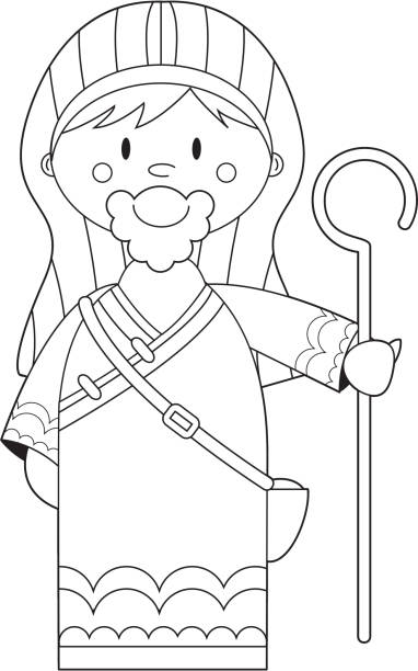 Colour In Nativity Shepherd with Crook Colour In Nativity Shepherd with Crook. spirituality smiling black and white line art stock illustrations